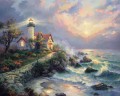 Original Canvas Art Seascape Style of Thomas Kinkade Waves Split Rock Light